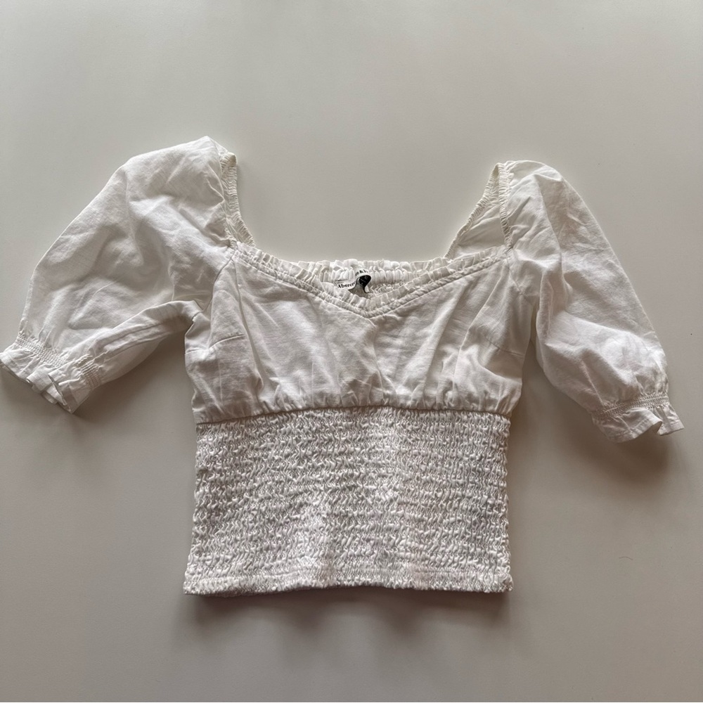 Abercrombie & Fitch White Puff Sleeve Smocked Bodice Top